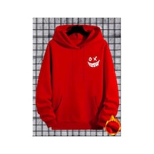 Medinenur Gülümseyen Yüz Baskılı Kapüşonlu Sweatshirt Kırmızı