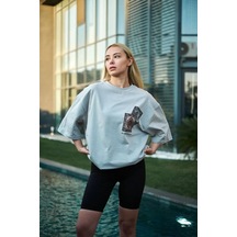 Kadın Bisiklet Yaka Baskılı Kısa Kol Oversize T-shirt - Boyalı Gri Gri