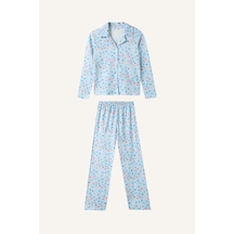 Defacto Ayıcık Desenli Düğmeli 2li Pijama Takımı Kız Çocuk I6088a826wnbe773 Mavi-be773