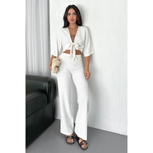 Noa & Noa Kadın Bağlamalı Crop Bluz & Çizgili Bol Paça Kimono Pantolon Takımı Yazlık Şıklık Beyaz