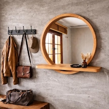 95x95 Cm Raflı Masif Kayın Ağacı Yuvarlak Ayna İskandinav Tarzı Antre Ve Banyo Aynası Kayın Ahşap