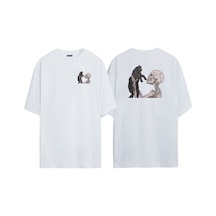 Thewert Unisex Skull And Cat Kedi Sevgisi Ön Arka Baskılı Beyaz Oversize T-shirt