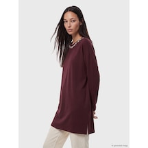 Lcw Everyday Mürdüm Soft Touch Taşlı Oversize Kadın Sweatshirt Tunik