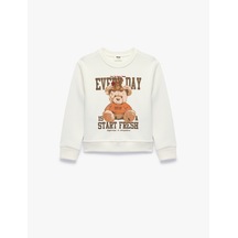 Koton Uzun Kollu Bisiklet Yaka Pamuklu Üç İplik Şardonlu Ayıcık Baskılı Sweatshirt Ekru 7wkg10691ak