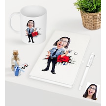 Kişiye Özel Kadın Polis Karikatürlü Beyaz Defter Kalem Kupa Seti Beyaz