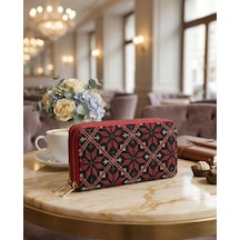 Zaytoon Filistin Geleneksel Renkli Kırmızı Nakışlı Çift Fermuarlı Kadın Büyük Cüzdeni 20x10 Cm A100027 Kirmizi