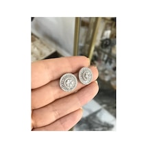 Taş Tasarımlı Yuvarlık Model Silver Renkli Küpe Gümüş