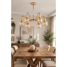 Modern Premium Doğal Ahşap Detaylı Gold Gövdeli 6'lı Amber Camlı Modern Avize 6xe27