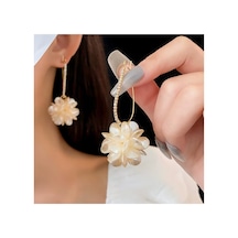 Floral Çiçek Motifli Sallantlı Taşlı Şık Kullanışlı Altın Renk Gold Küpe Mavi