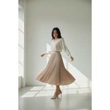 Pileli Pamuklu Dokuma Viskon Kışlık Etek 95 Cm - 38-48 CAMEL