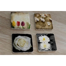 Renkli Laleler Ve Çiçekler Doğal Taş Bardak Altlığı 4'lü Set - Natural Stone Coasters - Taş Çok Renkli