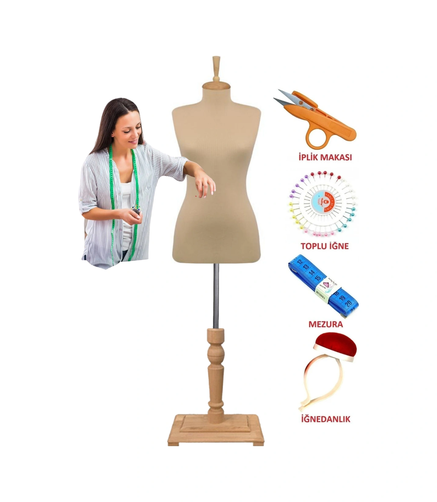Dikiş Setli Özel Ahşap Mobilya Ayaklı 40 Beden Dikine Ve Yatay İğne Batabilen Terzi Mankeni