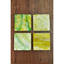 Doğal Taş Bardak Altlığı - Yeşil Sarı Desenler Baskılı 10x10cm Stone Coasters Çok Renkli