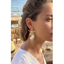Doğal Deniz Kabuğu Ve Gold Renk Yıldız Model Kadın Küpe - Çok Renkli
