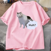 Flood Of Style Huh Kedi Komik Meme T Shirt Erkek Kadın Absurd Weirdcore T-shirt Rahat Yuvarlak Boyun Pamuk K Pembe