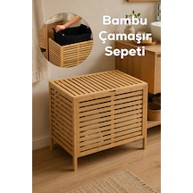 Porsima Pbt-510 Kapaklı Keten Torbalı Bambu Kirli Çamaşır Sepeti - Bambu Kirli Çamaşır Sepeti Organizeri 37,5x53,5x60 Cm