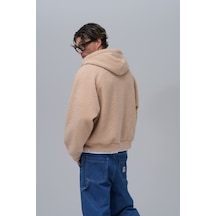 Düz Fermuarlı Cepli Kapüşonlu Unisex %100 Pamuk Sweatshirt Bej