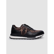 %100 Hakiki Deri Siyah Bağcıklı Kamuflaj Desenli Erkek Sneaker-siyah Siyah
