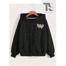 Tarzsokak Leopar Desen Kalpler Sweatshirt Fermuarlı Hırka Siyah Siyah