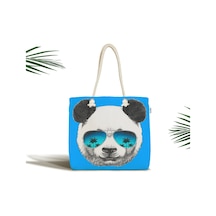 Mavi Zeminde Gözlüklü Cool Panda Motifli Modern Fermuarlı Plaj Çantası