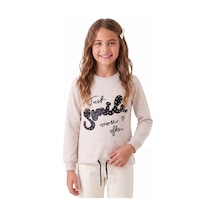 Onloox Kız Çocuk Bej Melanj Kız Çocuk Bej Melanj Pamuklu Bisiklet Yaka Uzun Kollu İncili Taşlı Bağcıklı Sweatshirt 9 Yaş