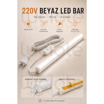 220v Beyaz Led Bar 100 Cm Fişli Anahtarlı Yapışkanlı Tezgah Altı Dolap İçi Aydınlatma