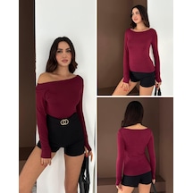 Elaxi Kadın Kayık Yaka Parmak Geçmeli Uzun Kollu Full Likralı Pamuk Viskon Buzzy Body Tişort Bordo