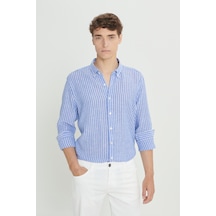 Ac&co Erkek Beyaz Lacı Slim Fit Dar Kesim Düğmeli Yaka Çizgili Gömlek