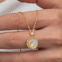 Gümüş Gold Sedef Taşlı Ay Yıldız Hilal Kadın Kolye Gold