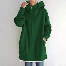 Ikkb Kadın Moda Düz Renk Rahat Cep Kapüşonlu Sweatshirt Koyu Yeşil