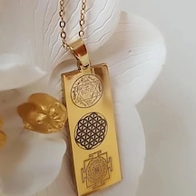Vog Çift Yönlü Süleyman Mührü, Yaşam Çiçeği, Sri Yantra Ve Sayı Sekansları Çelik Kolye Sarı