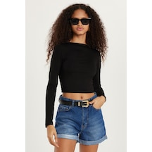 Tudors Kadın Slim Fit Dar Kesim Bisiklet Yaka Sırt Detaylı Siyah Bluz-34074 Siyah