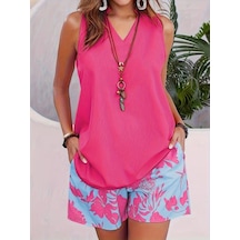 Efnaz Style Kadın Askılı V Yakalı Sandy Bluz Ve Desenli Short Ikili Takım Pembe
