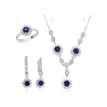 Gümüş Yuvarlak Lacivert Taşlı Set