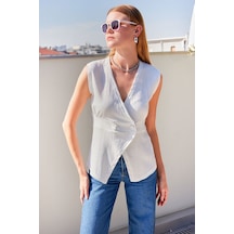 Bigdart 916 Düğme Detaylı Örme Yelek - Beyaz 001