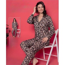 Boyraz Leopar Desenli Düğmeli Pijama Takımı LEOPAR