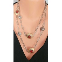 Nusret 925 Ayar Gümüş Akik Taşlı ve Halkalı Ajurlu Toplu Uzun Kolye