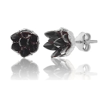 Zanaatsilver 925 Ayar Gümüş Siyah Taşlı Rodyum Kaplama Lotus Çiçeği Küpe