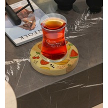 Kişiye Özel Meyveler Tasarımlı Doğal Ahşap Tabaklı Heybeli Çay Bardağı Model 2