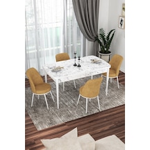 Canisa Kor Serisi 70x114 Açılabilir Mutfak Masası Takımı Beyaz Mermer Desen Masa 4 Cappucino Sandalye Masa Beyaz Mermer Desenli Sandalyeler Cappucıno