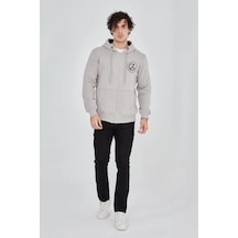 Erkek 3 İplik Pamuklu Fermuarlı Kapüşonlu Kanguru Cepli Hoodie - Boyalı Gri