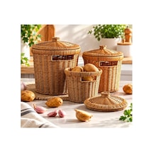 3 Lü Patates Soğan Sarımsak Sepeti Seti Rattan Dekoratif Ve Düzenleyici Kapaklı Sebzelik Sepet Diğer