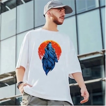 Flood Of Style Erkek Beyaz Kurt Baskılı Oversize Biziklet Yaka Tişört