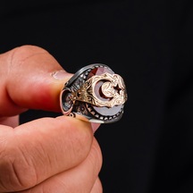 Ay Yıldız İşlemeli Kırmızı Zirkon Taşlı 925 Ayar Gümüş Erkek Yüzüğü Gümüş