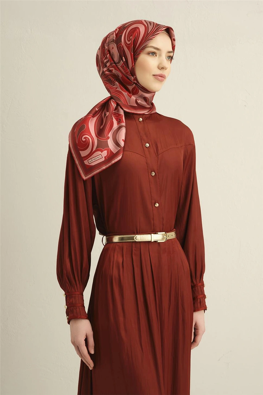 Armine Etnik Desenli Saf İpek Twill Eşarp 9323d 86 Bordo