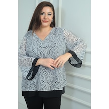 By Saygı Kadın V Yaka Desenli Büyük Beden Şifon Bluz-41857 Siyah
