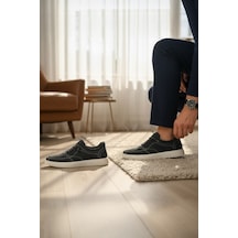 Enoch Hakiki Deri Lazer Kesim Dikişli Erkek Sneaker Ortopedik Taban Siyah
