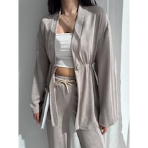 Kadın Simli Uzun Kol Modal Kumaş Kimono Pantolon İkili Takım Şık Ve Rahat Kadın Takım Bej