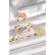 Pirinç Gold Renk Pembe Plastik Yüzük Model Daire Pembe Mine Yılan Detay 6'lı Kadın Yüzük Seti Rekli