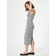 Koton Leopar Desenli Midi Elbise Kolsuz Slim Fit Yırtmaç Detaylı Siyah Desenli 4sal80259ık Siyah